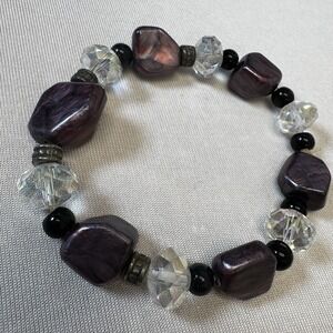 Purple Clear White Clear Glass Bead Stretch Bracelet